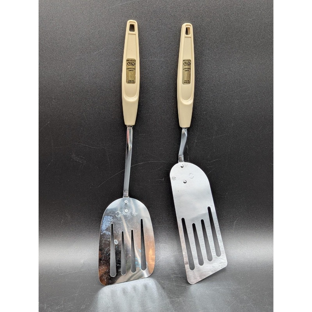 PAIR VTG Foley Slotted Spatula Chrome Plated Blade Cream Handle USA 13" Flipper